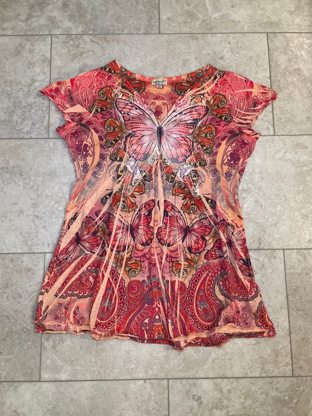 Y2K Pink Orange Butterfly Short Sleeve Top Embroidered Sz XL Boho Whimsy Paisley